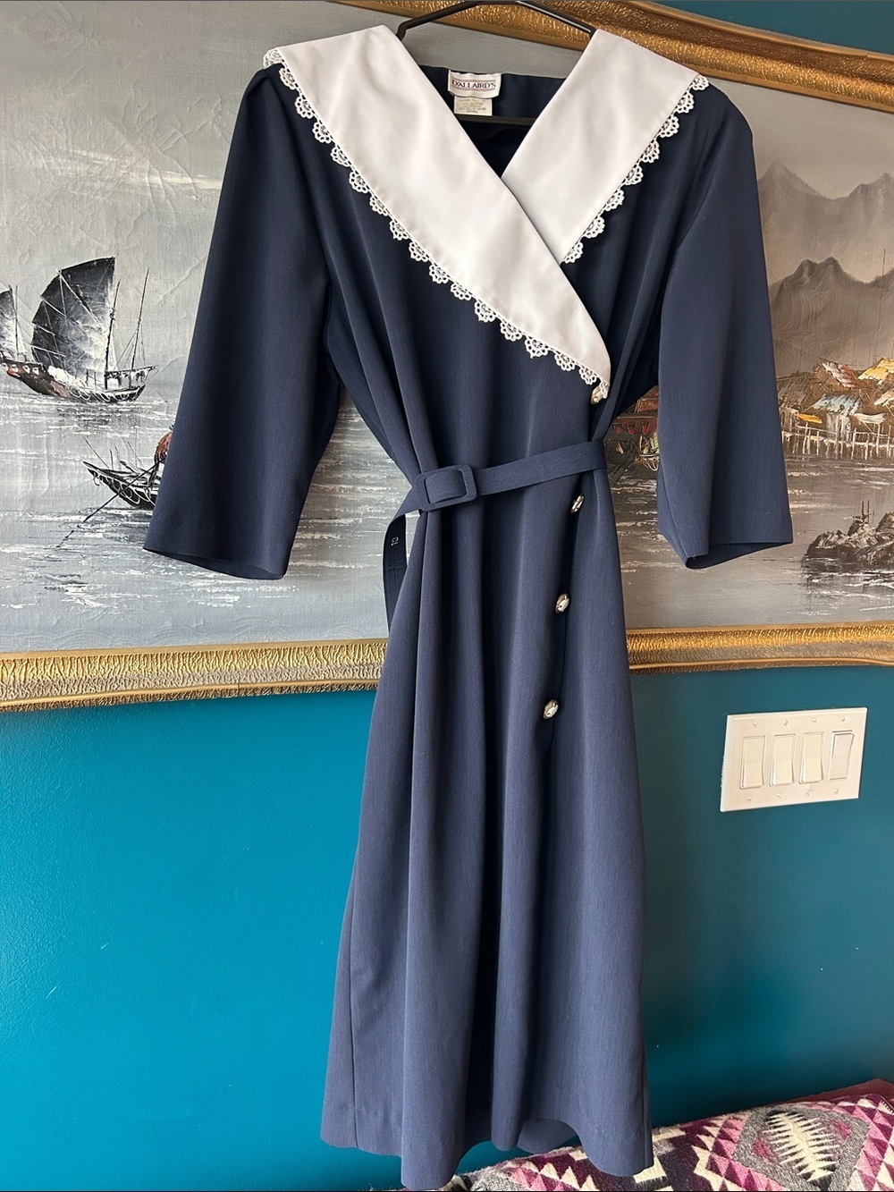 Vintage Navy Sailor Collar Dress • Lace Trim • Belted Wrap Style • Cottagecore